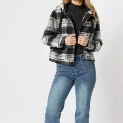 Threadz Womens Check Melton Hooded Jacket