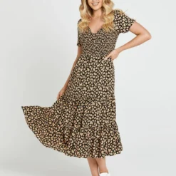 SASS Womens Tegan Shirred Midi Dress